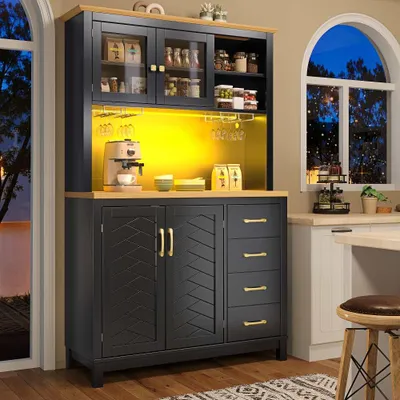 Produktbild von Landhausstil Küchenschrank mit LED und Getränkehaltern, 4 Türen,Seitenboard mit LED-Beleuchtung,Snackregal & Getränkehaltern,120x40x188cm,Schwarz