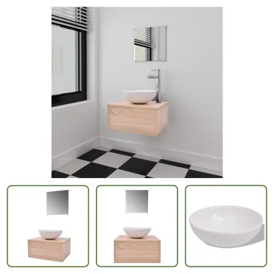 Image de The Living Store 3-pièces de meubles de salle de bains et lavabo ensemble Beige