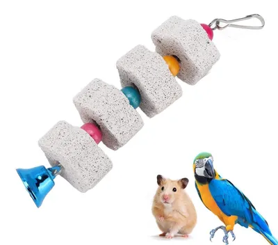 Produktbild von Vogelspielzeug Mineralgestein zur Schnabelpflege für Wellensittiche und Papageien, mit Perlen und Glöckchen, 19,5 cm