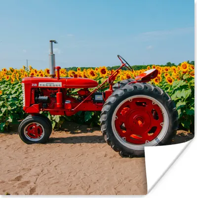Produktbild von MuchoWow® Poster Traktor - Rot - Sonnenblume - Bauernhof - Blumen 50x50 cm - Wohnzimmerdekoration