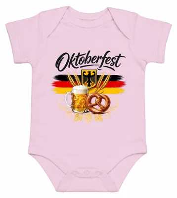 Obrázok produktu pre , nemecká vlajka, pivo, pretzel, tričko s tradičným motívom, kožené nohavice, body pre bábätko, ružová farba, veľkosť 12/18 mesiacov