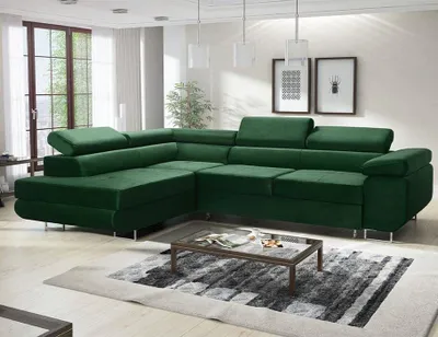 Produktbild von Avatar Velvet Ecksofa in L-Form 277 x 73 x 203 cm mit Schlaffunktion und Bettzeugbehälter - Schlafsofa mit Bettkasten - Eckcouch mit Stauraum - Links - Farbe: Monolith Flaschengrün (MO37)
