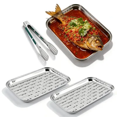 Productafbeelding van Set van 3 BBQ grillschalen van roestvrij staal, 34,5 x 24,5 x 2,5 cm, herbruikbare grillmand