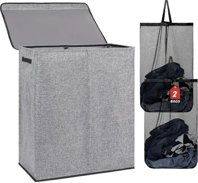 Image de Panier à linge gris de 150 litres avec couvercle et sacs amovibles
