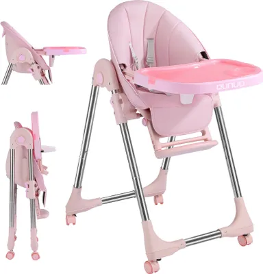 Produktbild von OUNUO verstellbarer Hochstuhl Kinderhochstuhl Klappbar, Kindersitz mit Sicherheitsgurt und Kunstlederkissen für Kinder von 6 Monaten bis 6 Jahren (Pink)