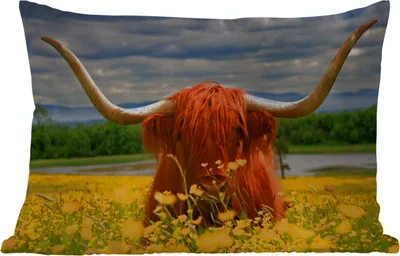 Produktbild von MuchoWow® Outdoor Kissen - Schottisches Hochlandrind - Tiere - Blumen - 60x40 cm - Wetterfest - Lounge Kissen - Zierkissen - Kissen für Innenräume