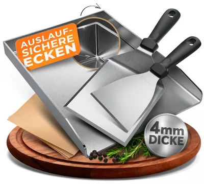 Produktbild von Flammtal [Das Original] – Grillplatte aus 4mm rostfreiem Edelstahl [40 x 30cm] – Plancha Grillplatte mit Grillspachtel Set & Burgerpapier (offen)