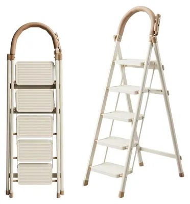 Immagine prodotto di Scala Beige 5 Gradini Pieghevole con Maniglia Porta-Attrezzi Leggera per Casa in Acciaio fino a 150 kg