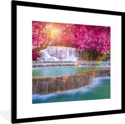Produktbild von MuchoWow® Gerahmtes Poster Wasserfall - Regenbogen - Bäume - Rosa - Natur 40x40 cm - Poster mit Schwarzem Bilderrahmen Wandposter Rahmen Foto Bilder - Poster - Plakat im Rahmen
