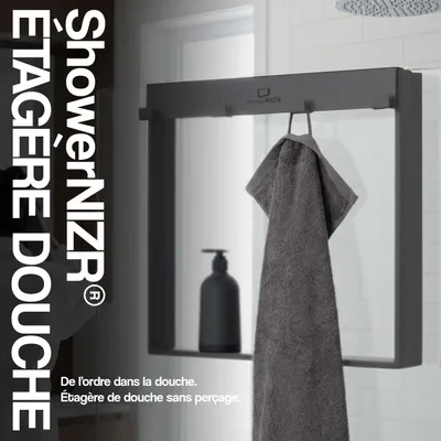 Image de ShowerNIZR® Étagère Douche Gris Granite - Sans Perçage 4 Crochets