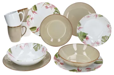 Produktbild von Ossia 12tlg Exotic Tearose sand Frühstücksset Steingut Teller Becher Schale