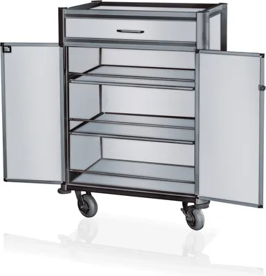 Produktbild von Minibarversorgungswagen Schwarze Kantenprofile und Aluoptik Aluminium, MDF Holzoptik 45 kg