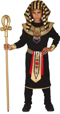 A child wearing an Egyptian pharaoh costume, holding a staff.