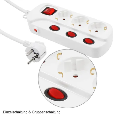 Zdjęcie produktu dla Listwa zasilająca McPower, 3-drożna z indywidualnym przełączaniem, kabel zasilający 1,5 m