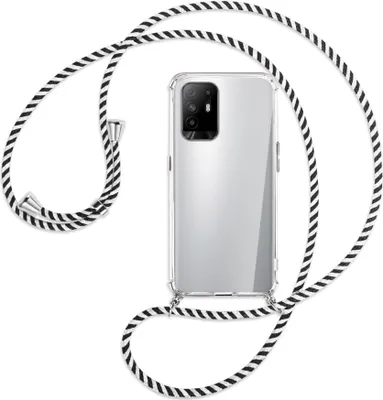 Produktbild von Handykette Backcover-Schutzhülle mit Band (Metall silberfarben) für Oppo A94 5G / F19 Pro+ 5G - schwarz/weiß gestreift