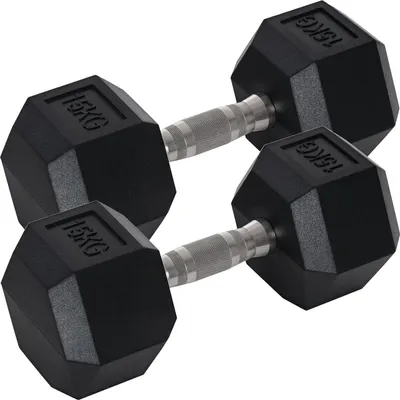 Produktbild von Hexagon Kurzhantel Set - Gummierte Kurzhanteln - Paar 2 x 15 kg - Anti-Roll Form - Schwarz
