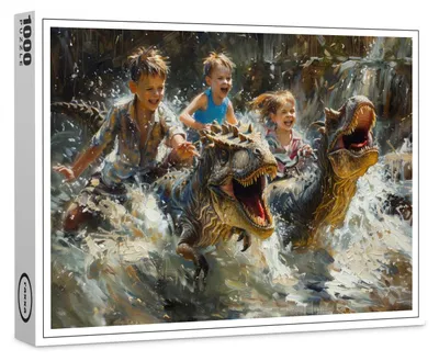 Produktbild von raxxa Premium-Puzzle "Kinder und Dinosaurier spielen im Wasser", 1000 Teile
