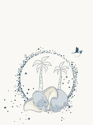 Illustration of Dumbo the elephant with palm trees and a stork carrying a baby.