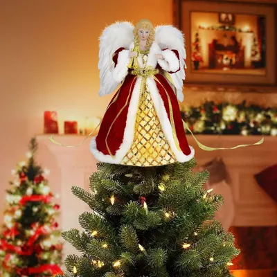 Produktbild von Engel Weihnachtsbaum Topper Weihnachtsengel Baumtopf Figur mit Federflügeln - 32 cm (rote Engel) - Weihnachtsdekoration