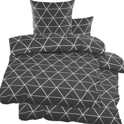 Produktbild von 4-tlg. Seersucker Bettwäsche 2x (135x200 +80x80cm), grau Dreiecke, bügelfrei, Microfaser