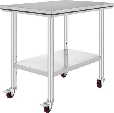 Produktbild von SucceBuy Edelstahl Arbeitstisch 35 x 24 x 33 Zoll 700 LBS Tragfähigkeit mit 4 Rädern einstellbare Höhe Heavy Duty Food Prep Arbeitstisch für kommerzielle Küche Restaurant Silber