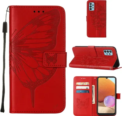 Produktbild von Galaxy A32 4G Hülle, Schmetterling Prägung Flip Leder Kartenfächer Schutzhülle Ledertasche mit Ständer für Samsung Galaxy A32 4G Rot