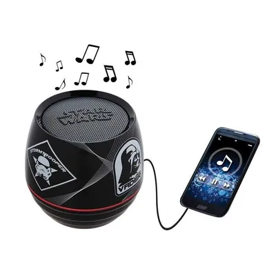 A Star Wars themed Bluetooth speaker connected to a smartphone, with musical notes floating above the speaker.