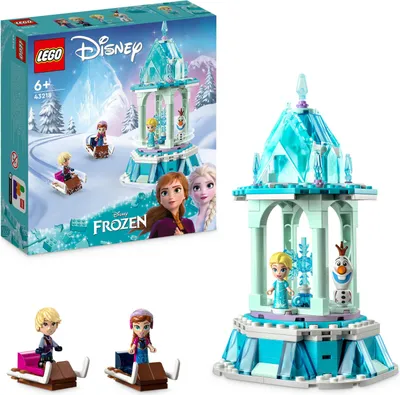Produktbild von LEGO 43218 Disney Princess Annas und Elsas magisches Karussell, Die Eiskönigin Spielzeug, Inspiriert vom Frozen Eispalast mit 3 ikonischen Mikro-Puppen-Figuren und Olaf-Figur