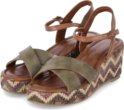 Immagine prodotto di Sandali con zeppa da donna, marca Marco Tozzi, colore verde e multicolore, in eco, taglia: 38