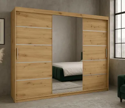 Zdjęcie produktu dla Szafa przesuwna RIO-3, 180cm, kolor DĄB ARTISAN z naturalnymi sękami, z drążkami, półkami, srebrne lub czarne listwy, prosty montaż