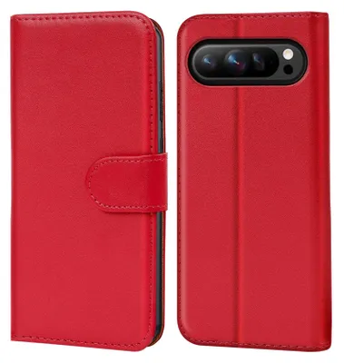 A red book-style phone case for a Google Pixel phone, shown open and closed.