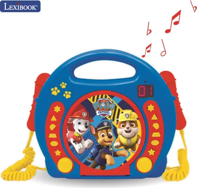 A Paw Patrol themed portable CD player with microphones.