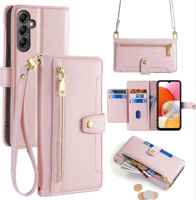 Produktbild von Handykette Samsung Hülle mit Band Handyhülle Kartenfächer Kunstleder Umhängetasche Galaxy A14 Rosa