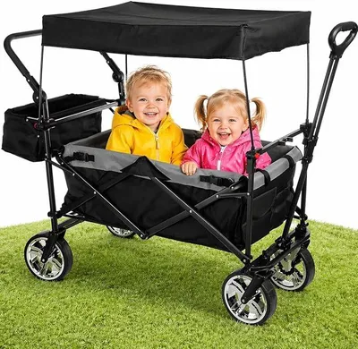 Produktbild von Bollerwagen faltbar + Dach 105L 100kg Schiebegriff & Telekopstange & Bremse | Teleskop-Ziehstange 2 Feststellbremsen + Zentralbremse hinten 3-Punkt-Gurtsystem XXL-Hecktasche- Bollerwagen mit Dach