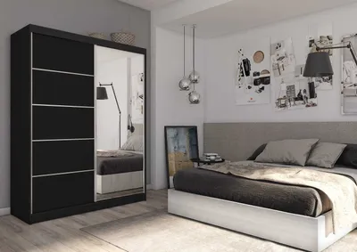 Produktbild von AGMAT Schwebetürenschrank Kira, Kleiderschrank mit 2 Türen und Spiegel, Moderne Garderobe in Farbe: Schwarz / Schwarz, Schrank in Größe: 160 x 216 x 61 cm