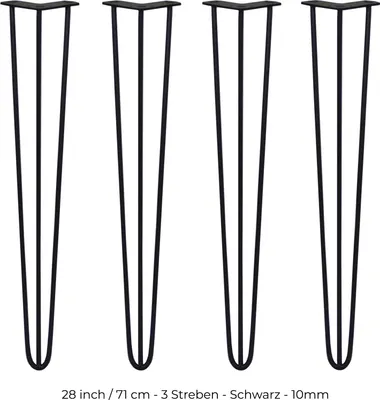 Zdjęcie produktu dla SKISKI Nogi 4 x 3 rozpórki Nogi typu „hairpin” Nogi w kształcie szpilki do włosów Nogi stołowe Nogi krzesełowe Nogi meblowe Nogi stołowe typu „hairpin” 71 cm (wys.) x 10 mm (średnica) Czarne