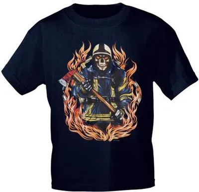 Produktbild von T-Shirt mit Print - Feuerwehr Flammen Totenkopf - 09361-1 dunkelblau - Gr. S-XXL Größe - M