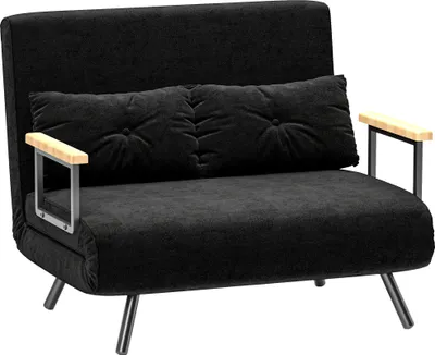 Produktbild von HOMCOM 2-Sitzer-Schlafsofa mit 5-fach verstellbarer Rückenlehne, klappbares Doppelschlafsofa mit 2 Kissen, aus gepolstertem Stoff und Holz, Schwarz