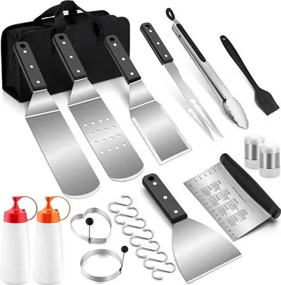 Image de Set de barbecue en acier inoxydable, 22 pièces, ustensiles de barbecue professionnels avec sac de transport, spatule de barbecue, racloir, spatule à teppanyaki pour une utilisation en extérieur et en camping