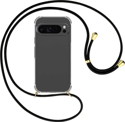 Produktbild von Handykette Backcover-Schutzhülle mit Band (Metall goldfarben) für Google Pixel 9 Pro - schwarz