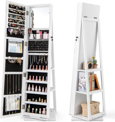 Obrázek produktu pro COSTWAY 360° otočná skříňka na šperky, organizér na šperky se zrcadlem po celé délce, zadní police, zrcátko na make-up, 3 akrylové krabičky a 2 kapsy na zip