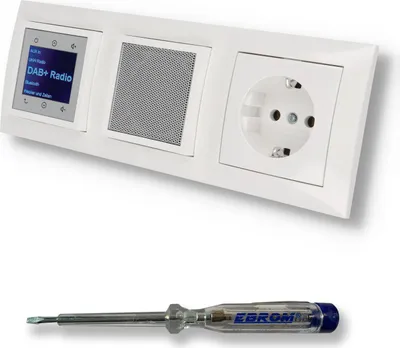 Produktbild von BERKER Unterputz DAB+ und Bluetooth Radio 30848989, Lautsprecher und Steckdose 47438989 - polarweiß glänzend + 3fach Rahmen Berker 10138989 inkl. EBROM Phasenprüfer zur Montage der Geräte
