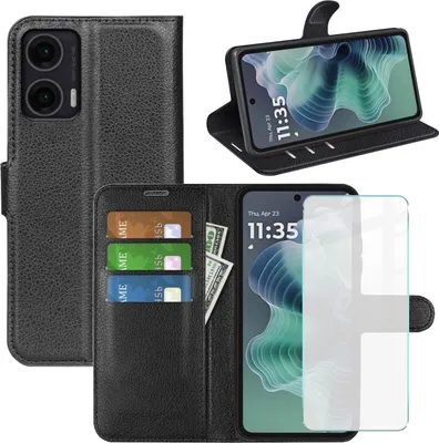 Obrázek produktu pro Pro Motorola Moto G35 5G Leatherette Book Wallet Pouzdro na mobilní telefon Black + 9H tvrzené sklo