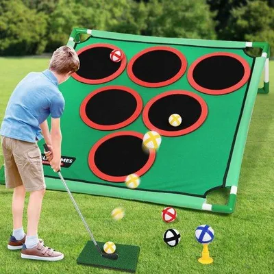 Produktbild von Golfspielzeug-Set für Innen- und Außenbereich, enthält Golfchip, Puttingmat und Zielset für Kinder und Erwachsene