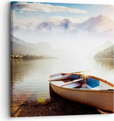 Produktbild von Bild auf Leinwand - Leinwandbild - Berge See Boot - 30x30cm - Wand Bild - Wanddeko - Wandbilder - Leinwanddruck - Bilder - Kunstdruck - Wanddekoration - Leinwand bilder - Wandkunst - AC30x30-3927