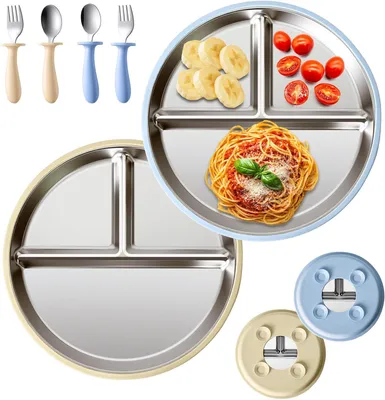 Imagen del producto de Dos cucharas para bebés con ventosa, de acero inoxidable, libres de BPA, para fomentar la autonomía al comer
