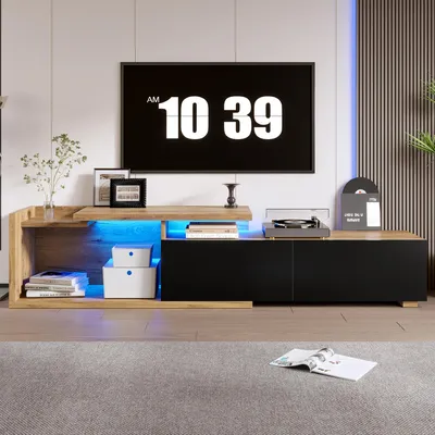 Zdjęcie produktu dla Modułowa szafka pod telewizor z ruchomym modułem i oświetleniem LED: elastyczna konstrukcja typu 2 w 1, którą można dowolnie łączyć, z możliwością wysunięcia do 2 m