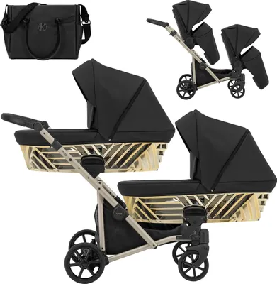 Produktbild von Kinderwagen IVENTO DUO GLAM 2 in 1 Zwillingskinderwagen Geschwisterwagen Zwillingsbuggy Doppelkinderwagen (Eco Black Pearl, Rahmen: champagne)