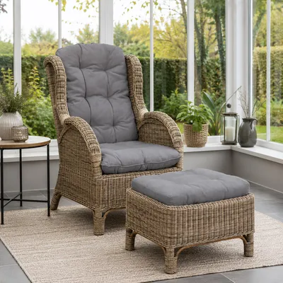 Produktbild von Rattan Relaxsessel mit Fußhocker inklusive Sitzpolster Dunkel Grau