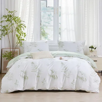 Immagine prodotto di Set di lenzuola 200x220 cm, verde, motivo foglie, in cotone, 3 pezzi, con cerniera